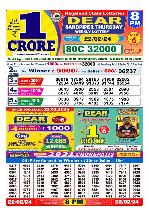 Dear Lottery Sambad 22 Tarik 1 PM 6 PM and 8 PM Result.